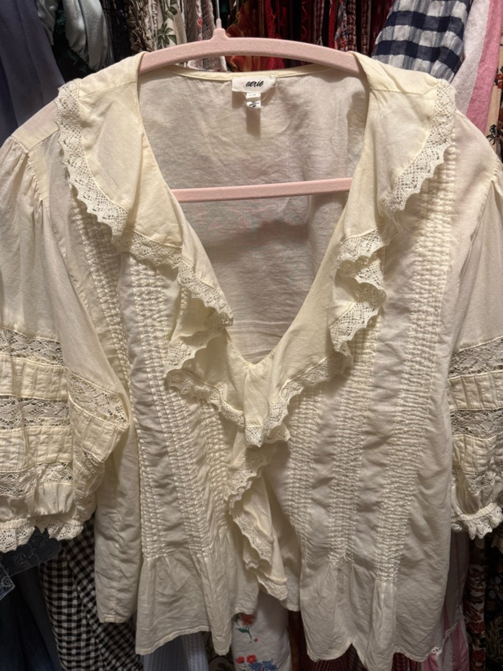 aerie Cream Ruffle Lace Pintuck Blouse - Picture 4 of 5